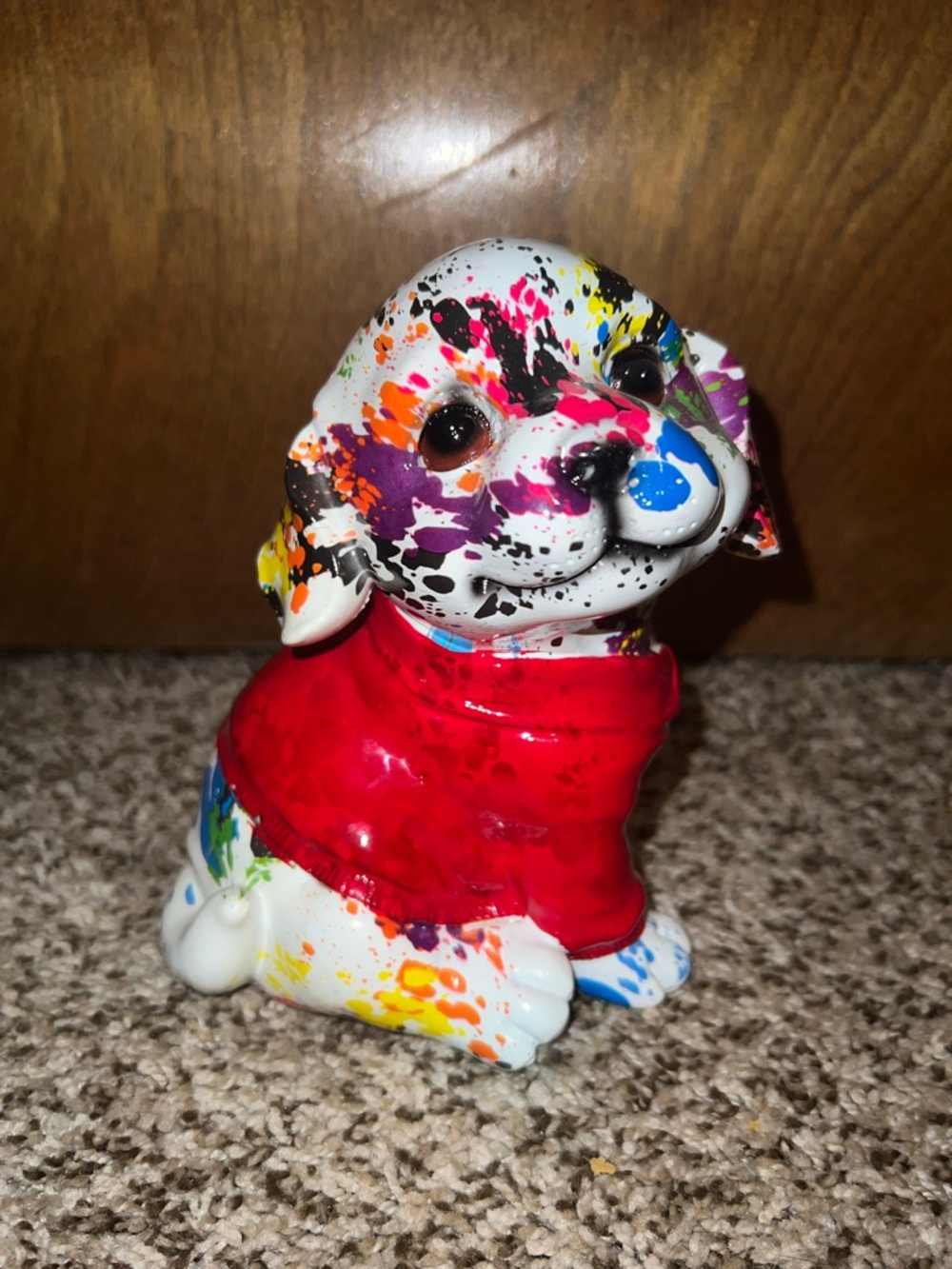 Colorful Splatter Ceramic Puppy Figurine with Red Sweater piggy bank